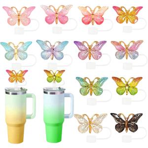 12pcs Butterfly Straw Cover Cap for Stanley Cup,Glitter Straw Topper Compatible with 30&40oz Tumbler with Handle,10mm 0.4in Dust-Proof Reusable Straw Tips Lids