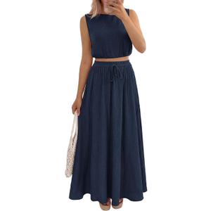 PRETTYGARDEN 2 Piece Sets for Women Summer Outfits 2026 Fashion Cotton Sleeveless Crop Top Long Maxi Skirt Set with Pockets L