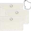 Mogoostry A7 Binder Pockets 3PCS Clear Coin Purse 6 Holes Binder Pouches Snap Closure White Glitter Wallet Card Holder Keychain Pouch Organizer