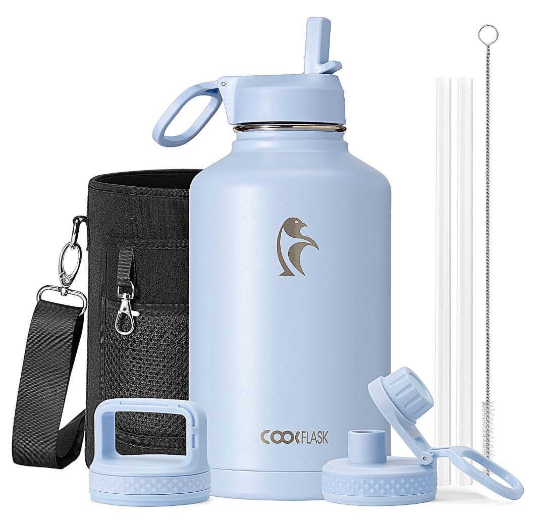 Coolflask Half Gallon Water Bottle Insulated with Straw & 3 Leakproof Lids
