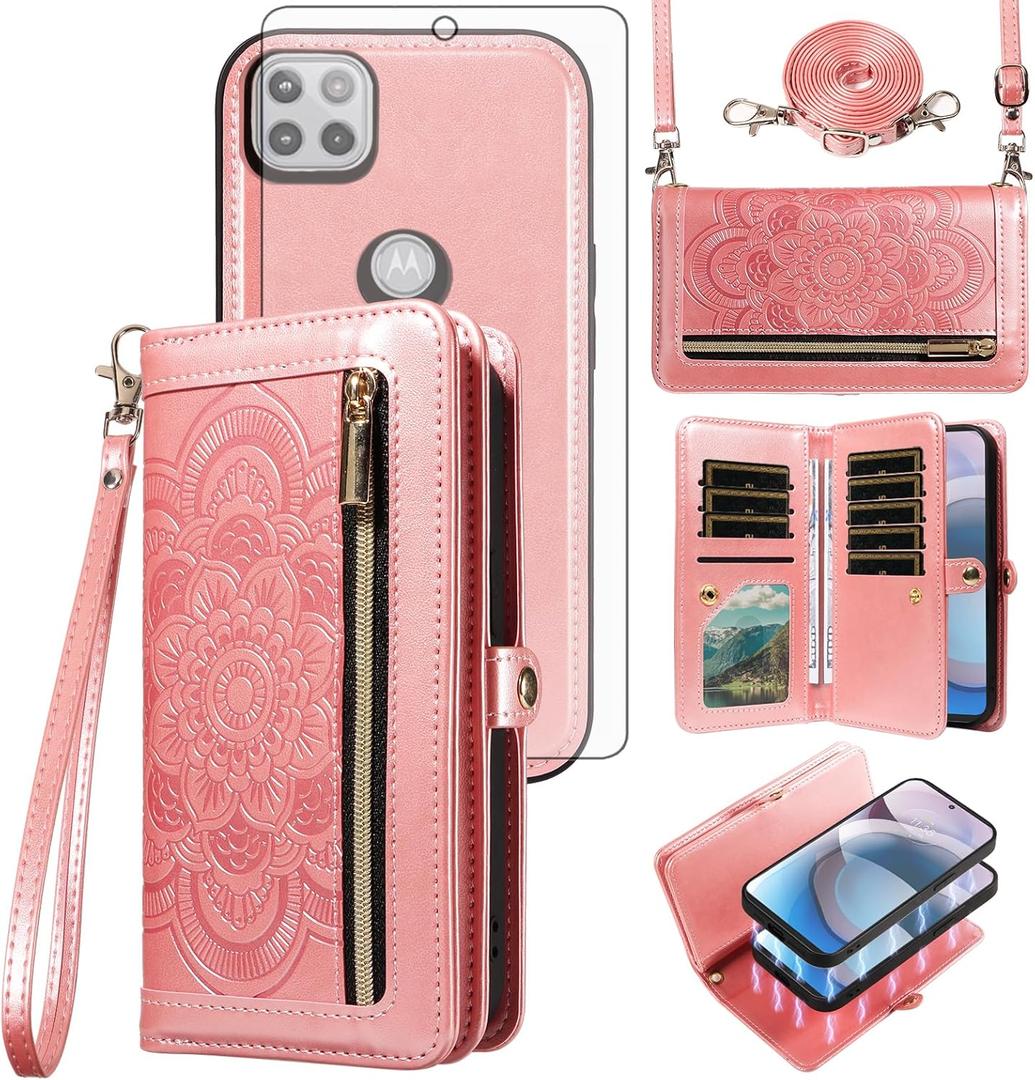 Asuwish Phone Case for Moto One 5G Ace/Motorola G G5 2021 Zipper Wallet Cell Cover with Screen Protector Crossbody Strap Flower Card Holder MotoOne 1 One5G UW Ace 6.7 XT2113-3 XT2113-5 Women Rose Gold