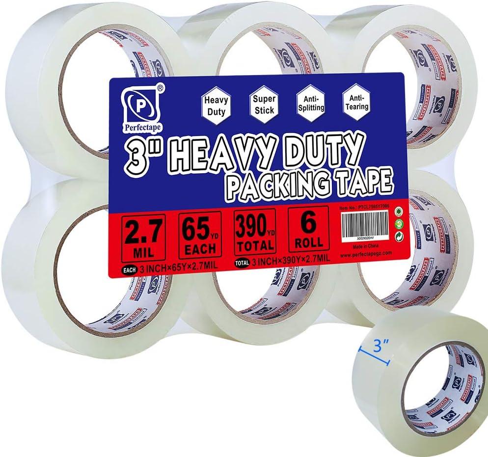 PERFECTAPE 3" Heavy Duty Packing Tape 6 Rolls, Total 390Y, Clear, 2.7 mil, 3 inch x 65 Yards, Ultra Strong, Refill for Packaging and Shipping(3" Width, not 2" Width)