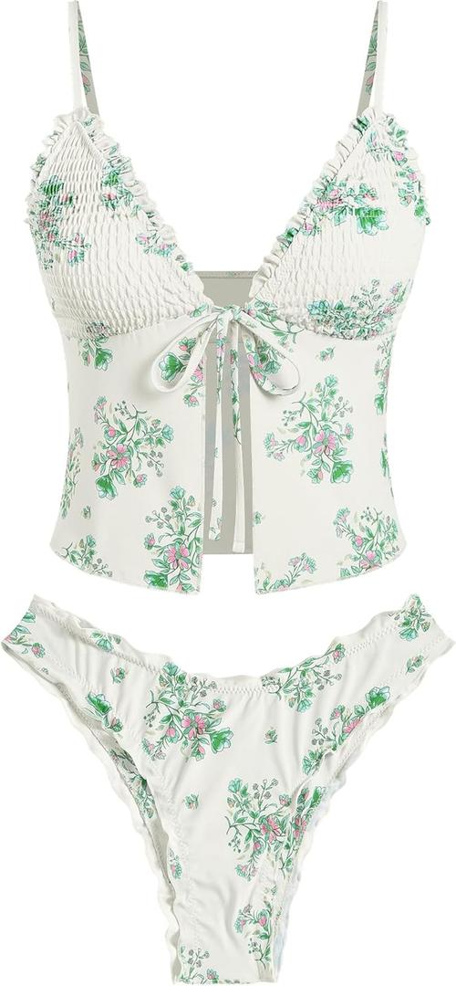 ZAFUL Tankini Swimsuits for Women Smocked Ruffles Tie Front Bowknot Textured High Cut Tanga Tankini Set (Small, 2-light Green)