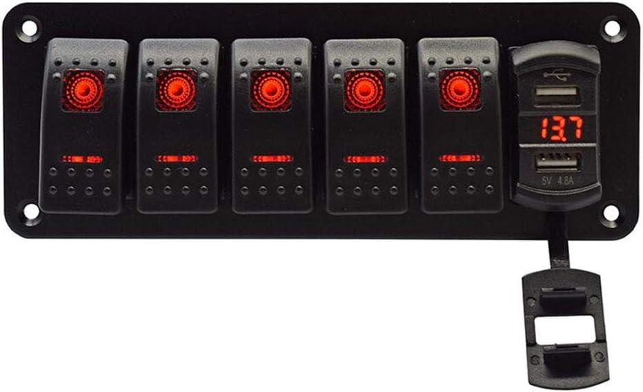 5 Gang Rocker Switch Aluminum Panel with 4.8 Amps Dual USB Rocker Style Fast Charger with Voltmeter Blue Backlit Led Pre-Wired for Marine Boat RV Truck (Red)