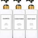 Modern Gold Shampoo and Conditioner Dispenser (21 oz, Pack of 3) Refillable Pump Bottle Set Empty Shower Plastic Bottles with Pump for Bathroom Body Wash Soap and Shower, 3 Types Waterproof Labels