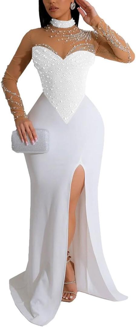 WOKANSE Women's Formal Dresses Mock Neck Sexy Mesh See Through Long Sleeve High Slit Sparkly Rhinestone Prom Dress (Medium, White)