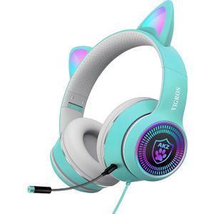 Cat Ear Gaming Headphones Wired AUX 3.5mm with LED Light, VIGROS Flashing Stereo Game Headphones Surround Sound Over-Ear Headsets with Microphone Fit Kids & Adult for PC, PS4, Switch, Mobile, Laptop