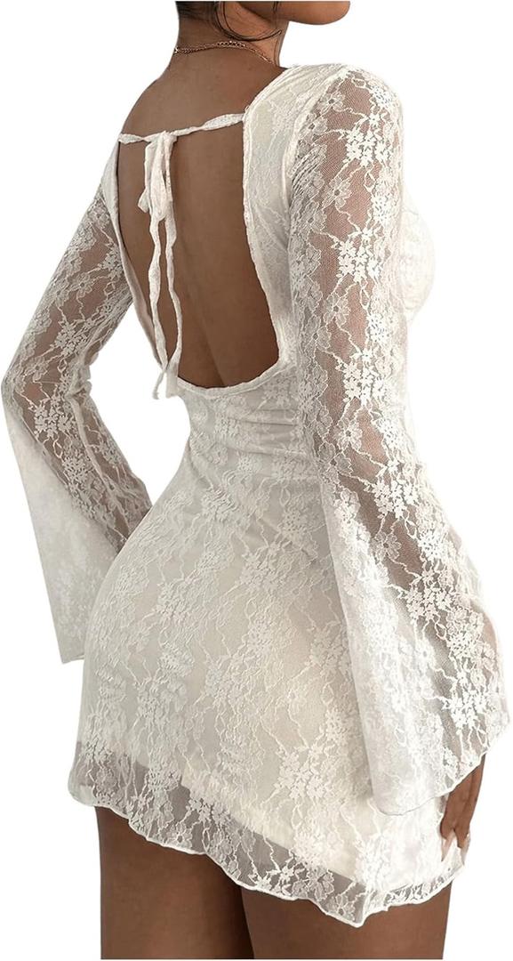 SOLY HUX Women's Lace Mini Dress Tie Backless Bell Long Sleeve Crew Neck Bodycon Dresses (Pure White, S)