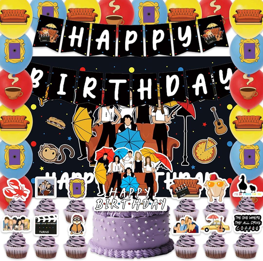 42pcs Friendship Birthday Party Decorations Includes Cake Toppers,Cupcake Toppers, Banner, Backdrop, Balloons - Old Friend Theme Party Supplies Set for Fans