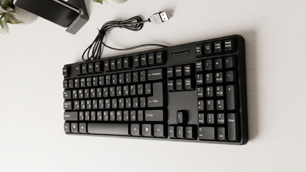 Wired Keyboard for Windows, USB Plug-and-Play, Full-Size, Spill-Resistant, Curved Space Bar, Compatible with PC, Laptop - Black