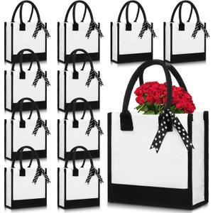 Sunnymove 12 Pcs Small Canvas Tote Gift Bags Bulk for Women Size 10 x 10 x 4 Inch Sublimation Personalized Blank Shopping Tote with Handle for Wedding Bridesmaid Birthday Party