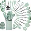 QMVESS Silicone Cooking Utensils Set, 28 Pcs Non-Stick Kitchen Utensils Set with Holder, 446F Heat Resistant Spatula, Tongs, Spoons Set with Stainless Steel Handle Kitchen Gadgets (Light Green)