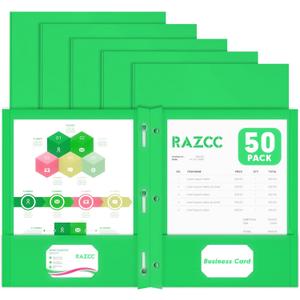 Two Pocket Folders, RAZCC 50 Pack Two Pocket Folders with Prongs, 3 Prong Folders Fit Letter Size Paper, Pocket File Folders for School Office Home Business, Green
