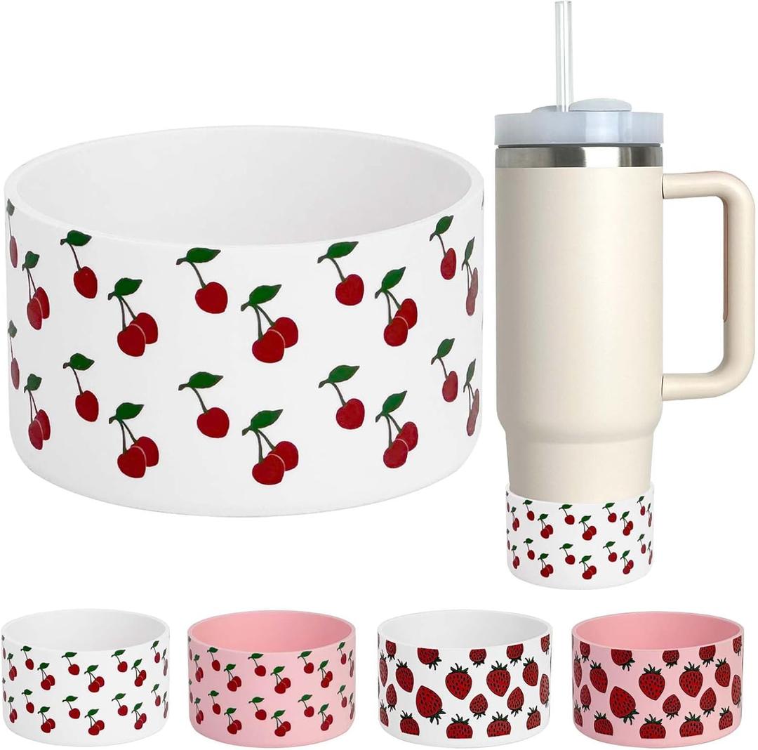 GENLEAS Cherry Print Protective Silicone Boot Cover for Stanley Cup 20oz-40oz, for Hydro Flask Water Bottle 12oz-24oz, Anti-Slip Sleeve for Bottles/Tumblers with 2.88-2.97in Bottom(1White)