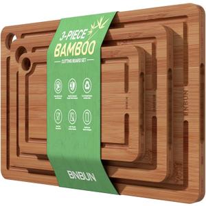 Bamboo Cutting Board for Kitchen, Wooden Cutting Board 3-Piece Set with Non-Slip Mat Deep Juice Groove and Built-In Handles, Wood Cutting Boards for Meat, Vegetables Fruit Ideal Gift for the Home