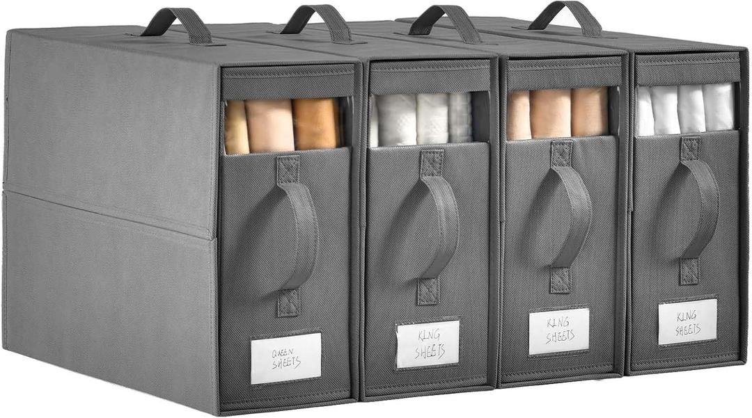 Bed Sheet Organizers,4 Pack Linen Closet Organizers and Storage, Foldable Bedding Organizer for Bedsheets, Duvet Covers and Pillow(Queen or King Size), Sheet Storage for Closet with Window (Grey)