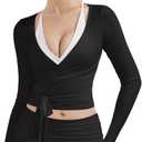 SUUKSESS Women Pilates Wrap Workout Cropped Top Ribbed Long Sleeve V Neck Tie Front Ballet Yoga Shrug Blouse (X-Small, Black)