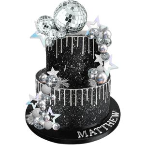Disco Ball Cake Topper Mirror Balls Cake Decorations with Silver Stars Cake Topper for 70s 80s Disco Dance Saturday Night Fever Birthday Supplies (Style 1)