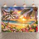 Fabric 7x5ft Beach Ocean Sunset Photography Backdrop Summer Hawaii Seaside Tropical Coconut Palm Trees Flowers Glow Background Luau Aloha Party Decorations Photo Banner