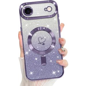 Bonoma Compatible with iPhone Air Case 2025 Support for MagSafe, Plating Heart Glitter Magnetic Case TPU Camera Protection Back Cover for Phone Case -Purple