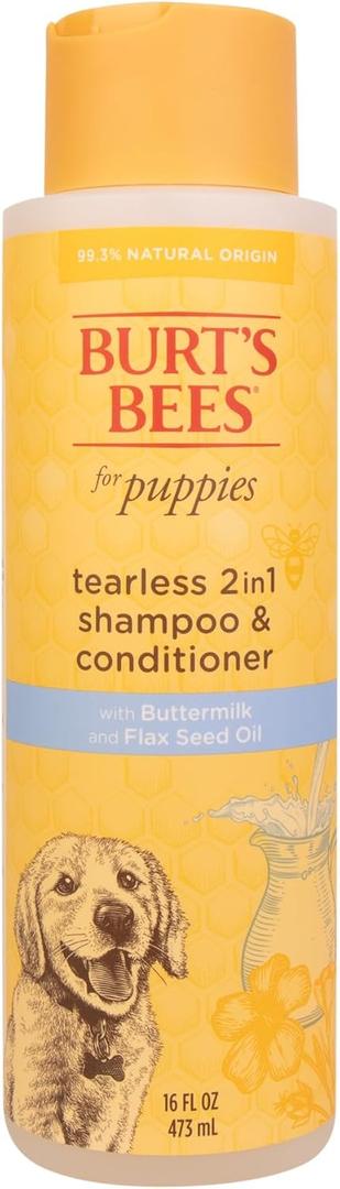 Burt's Bees for Pets Tearless Puppy 2-in-1 Shampoo and Conditioner with Buttermilk and Linseed Oil, 95% Natural Origin Formulas, Shampoo for Puppies - Gentle Puppy Shampoo Tear Free, 16 oz