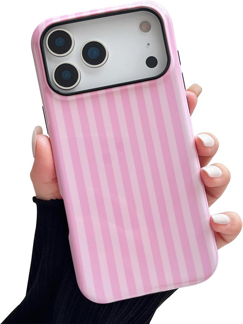 Compatible with iPhone 17 Pro Max Case, Cute Fashion Aesthetic Striped Phone Case for Women, Shockproof Soft TPU and Hard PC Protective Phone Cover for iPhone 17 Pro Max 6.9"- Pink