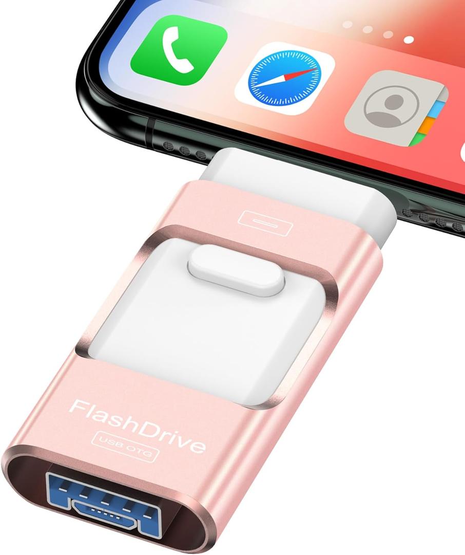 Flash Drive for iPhone 128GB, Photo Stick Thumb Drive USB Stick High Speed Transfer USB Drives External Storage Memory Expansion for iPhone/iPad/PC/Laptop (Pink)