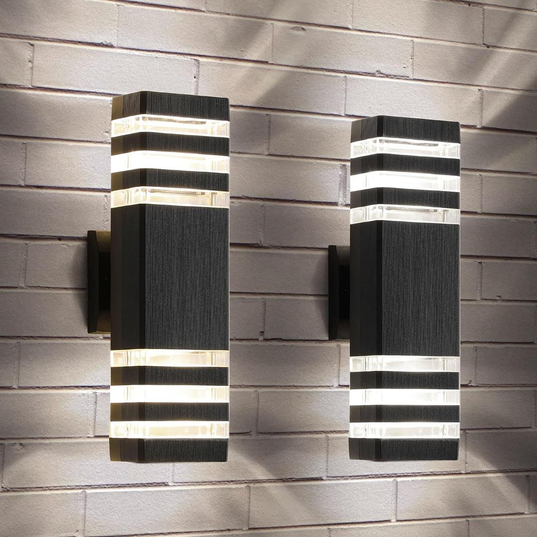 tewei Up and Down Outdoor Lights Exterior Wall Light Fixture, 3-Layer Black Modern Outdoor Lights for House, IP65 Waterproof Aluminum Exterior Wall Sconce for Porch Garage, Warm White 3000K, 2 Pack