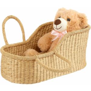Doll Bassinet Handwoven Seagrass Moses Basket Portable Doll Carrier Natural Wicker Bassinet for Plush Bears, Shower Gift Decor, Photo Prop, Diaper Caddy