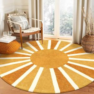  Lahome Boho Round Rugs - 4Ft Washable Non-Slip Small Round Area Rug Throw Soft Sofa Kids Nursery Room Rug Rainbow Sun Print Distressed Round Carpet for Bedroom Entryway Living Room Dining Room