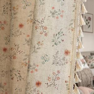 Boho Floral Spring Semi Sheer Curtains 84 Inch Length 2 Panels Set, Linen Texture Farmhouse Light Filtering Curtains Beige Tassel for Bedroom Living Room Vintage Rustic Patterned Printed Rod Pocket