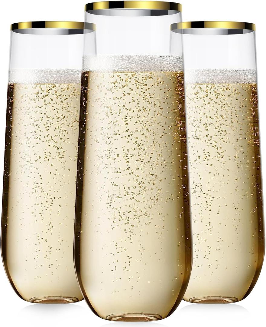 48 Pcak Champagne Flutes Plastic, 9 Oz Disposable Stemless Mimosa Gold Rim Toasting Glasses, Clear Crystal Plastic Cocktail Cups for Party Wedding Birthday