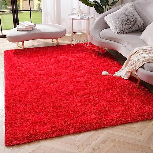 Amearea Premium Soft Fluffy Area Rug Modern Shag Carpet, 3x5 Feet, Fuzzy Shaggy Rugs for Bedroom Living Room Teen Apartment Decor, Comfortable Indoor Furry Dorm Carpets, Red