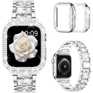 Mosonio Compatible with Apple Watch Band 38mm 40mm 41mm 42mm 44mm 45mm 46mm 49mm with 2 Pack Case Women, Jewelry Replacement Metal Bands Strap with Bling PC Protective Case for iWatch Ultra SE Series 10/9/8/7/6/5/4/3/2/1 Silver