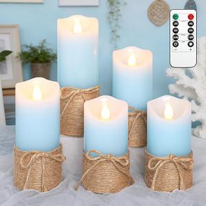 Crystal Club Blue Flameless Candles, Set of 5 Battery Operated LED Pillar Candles with Timer, Real Wax Candle Set with Remote for Home Bedroom Décor