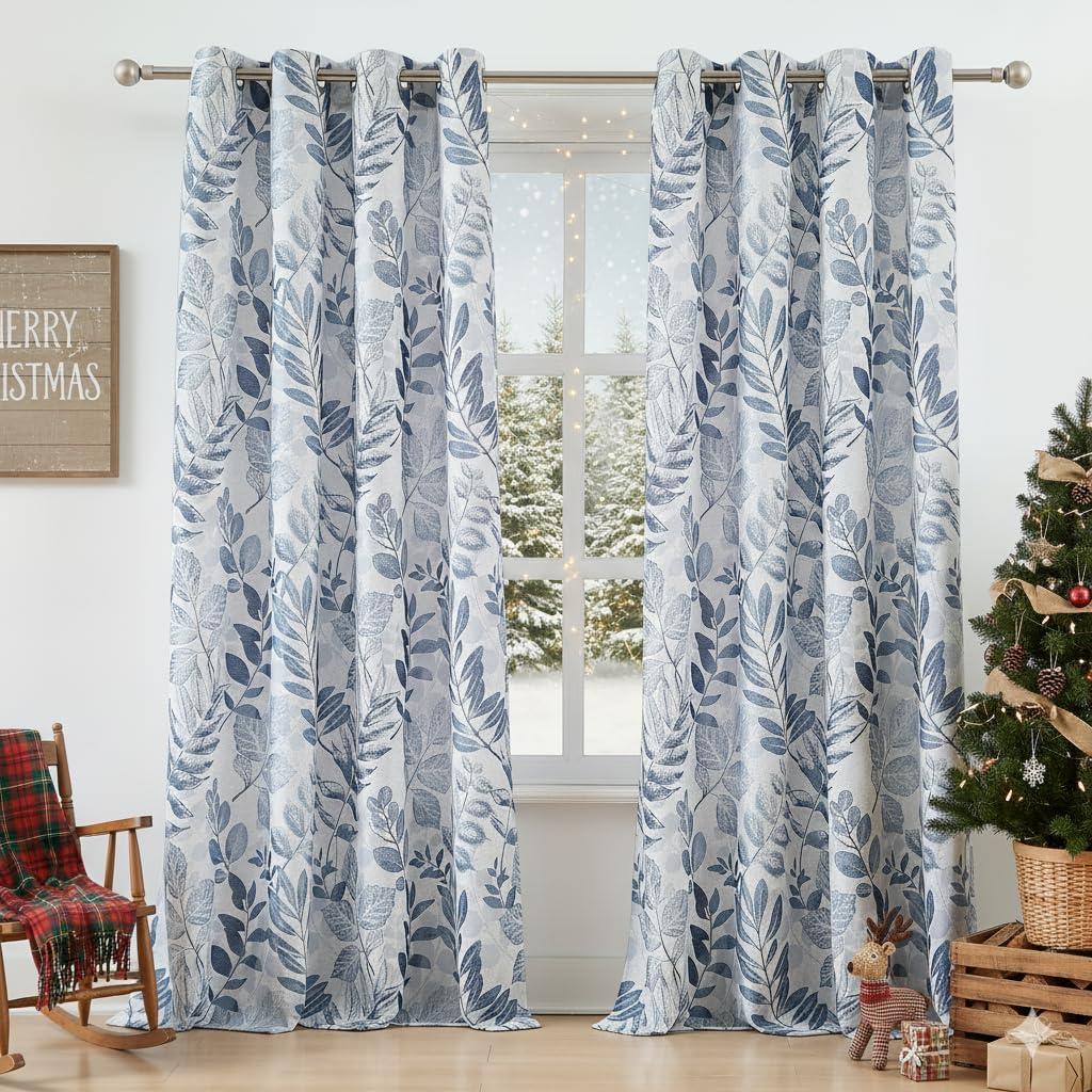 Linen Curtains for Living Room 63 inch Length Leaf Print Botanical Sheer Curtains Natural Texture Soft Touch Light Filtering Privacy Protect Drapes, Blue, 55" Wide, Set of 2 Panel