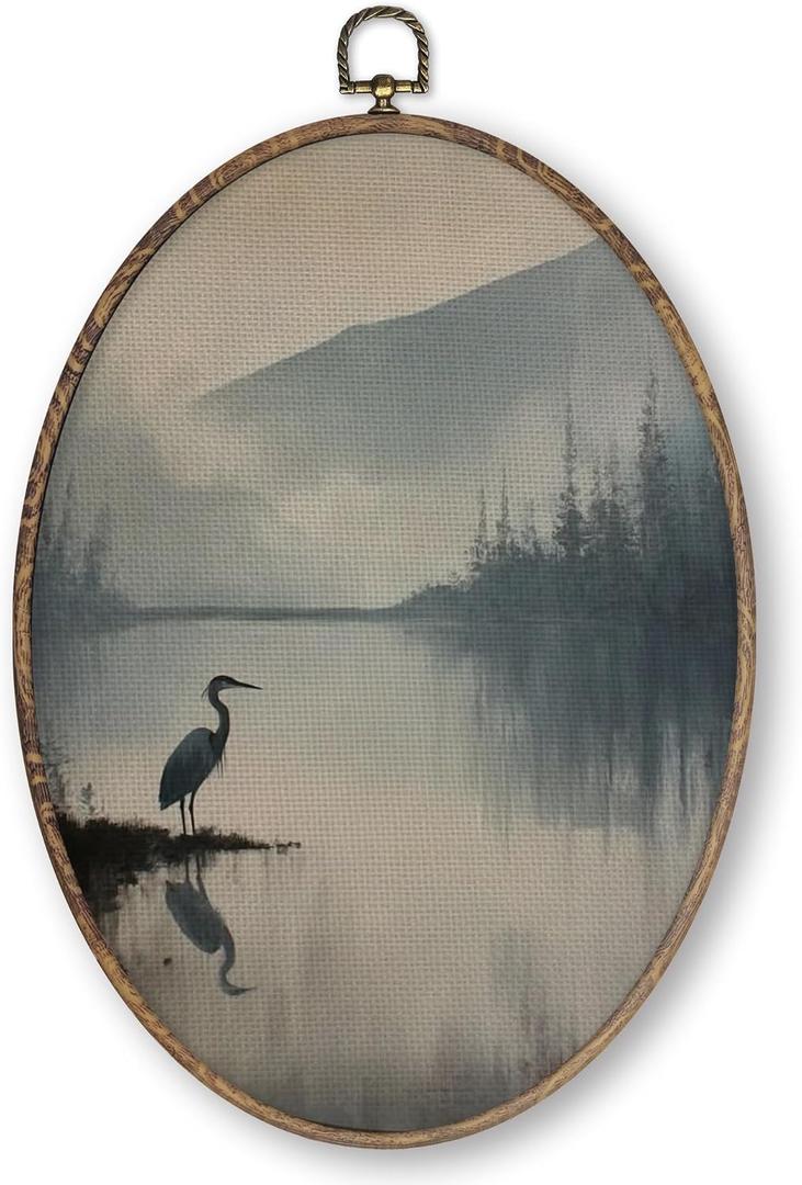 Qskjre Vintage Great Blue Heron Wall Art Decor, Natural Japandi Bird Coastal Oval Wood Framed Canvas Wall Artwork, Lake Mountain Landscape Hanging Prints for Living Room Bedroom Decorations8.6x11.4