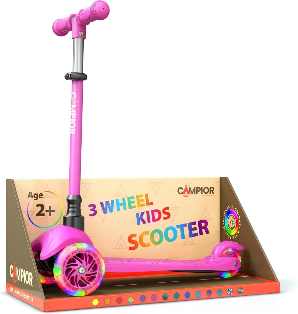 Pink Mini 3 Wheel Scooter for Kids Lean-to-Steer with LED Light-Up Wheels, Adjustable Handlebar, Wide Anti-Slip Deck, Smooth PU Wheels, Rear Foot Brake Toddler Scooter for Ages 2+