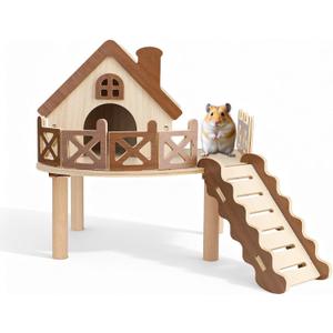 Wooden Hamster Platform, Natural Wood Small Animal Cage Platform with Ramp and Ladder for Hamsters Gerbils Mice, Hideout for Climbing Enrichment, Syrian Dwarf Hamster Castle Cage Accessories (Large)