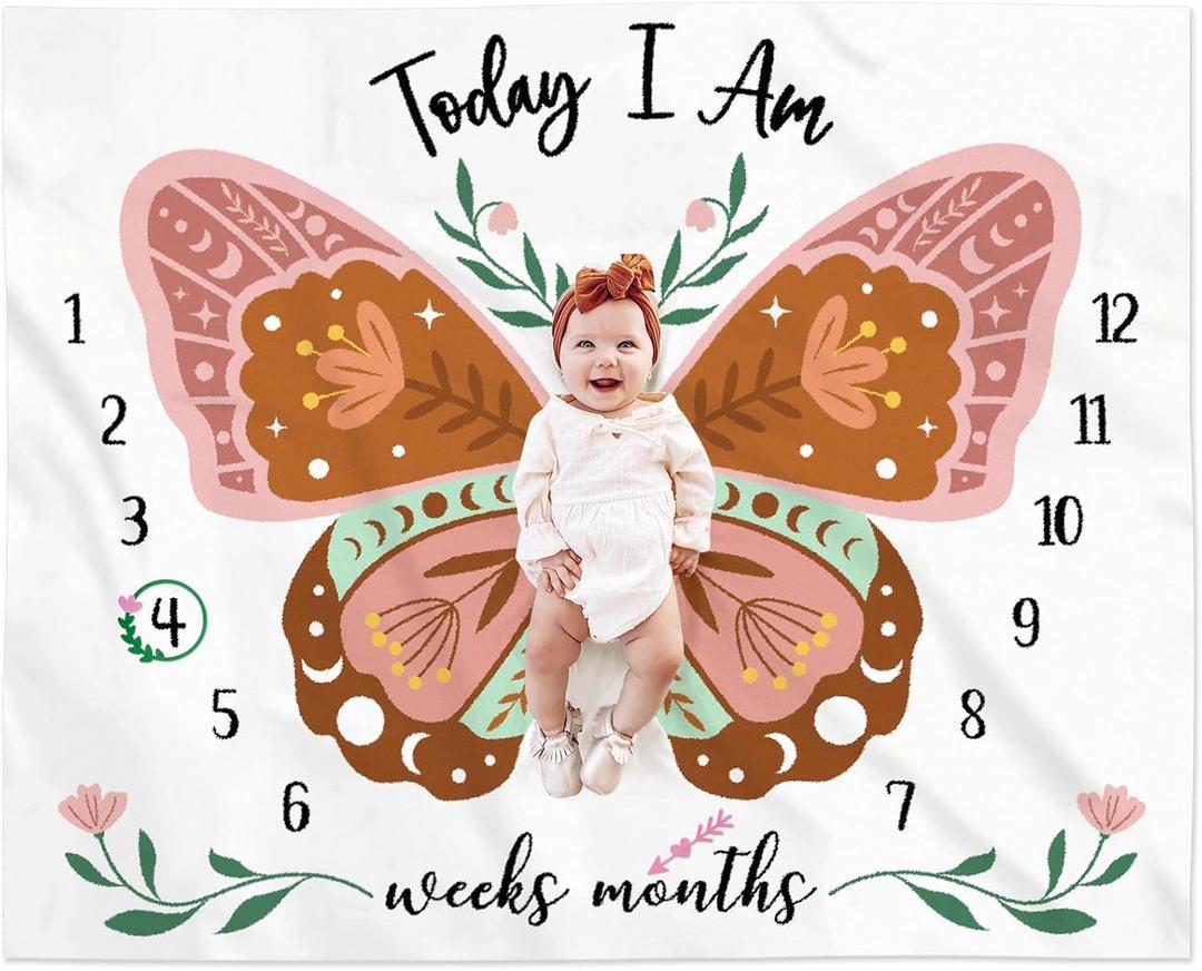Boho Baby Blanket Butterfly Monthly Milestone Bohemian Floral Girl Photo Prop Sage Green and Pink Blanket Ideas for Personalized Baby Stuff Shower Newborn Decorations Nursery Gift Decor Mom