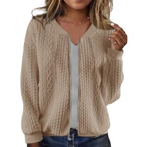 Women's Zip up Sweatshirt Jacket Stand Collar Hoodless Outerwear Casual Coat with Pockets (X-Large, Apricot)