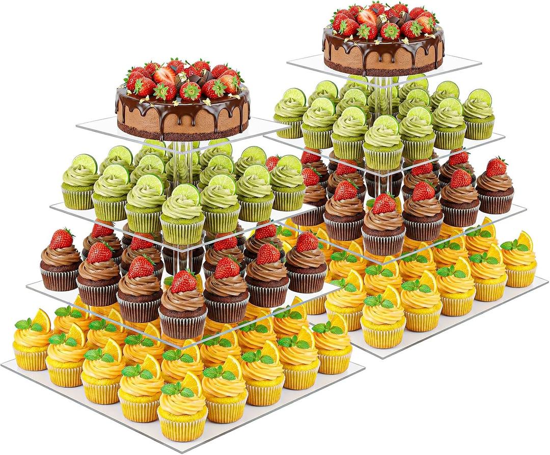 4 Tier Cupcake Stand Set of 2, Square Clear Acrylic Tiered Dessert Display Holder for 50 Cupcakes, Premium Cupcake Tower for Weddings, Birthdays, Party Decor
