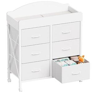 YeTom Changing Table Dresser, 6 Fabric Drawers, Mobile Storage, White