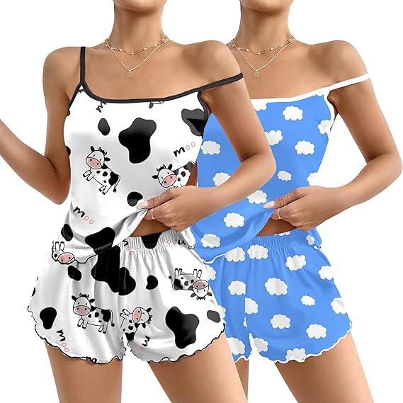 Ekouaer 2 Pack Womens Cami Pajama Sets Cute Print Tank Top Pjs and Shorts Camisole Lounge Set (Large, Dairy Cow&blue Clouds)