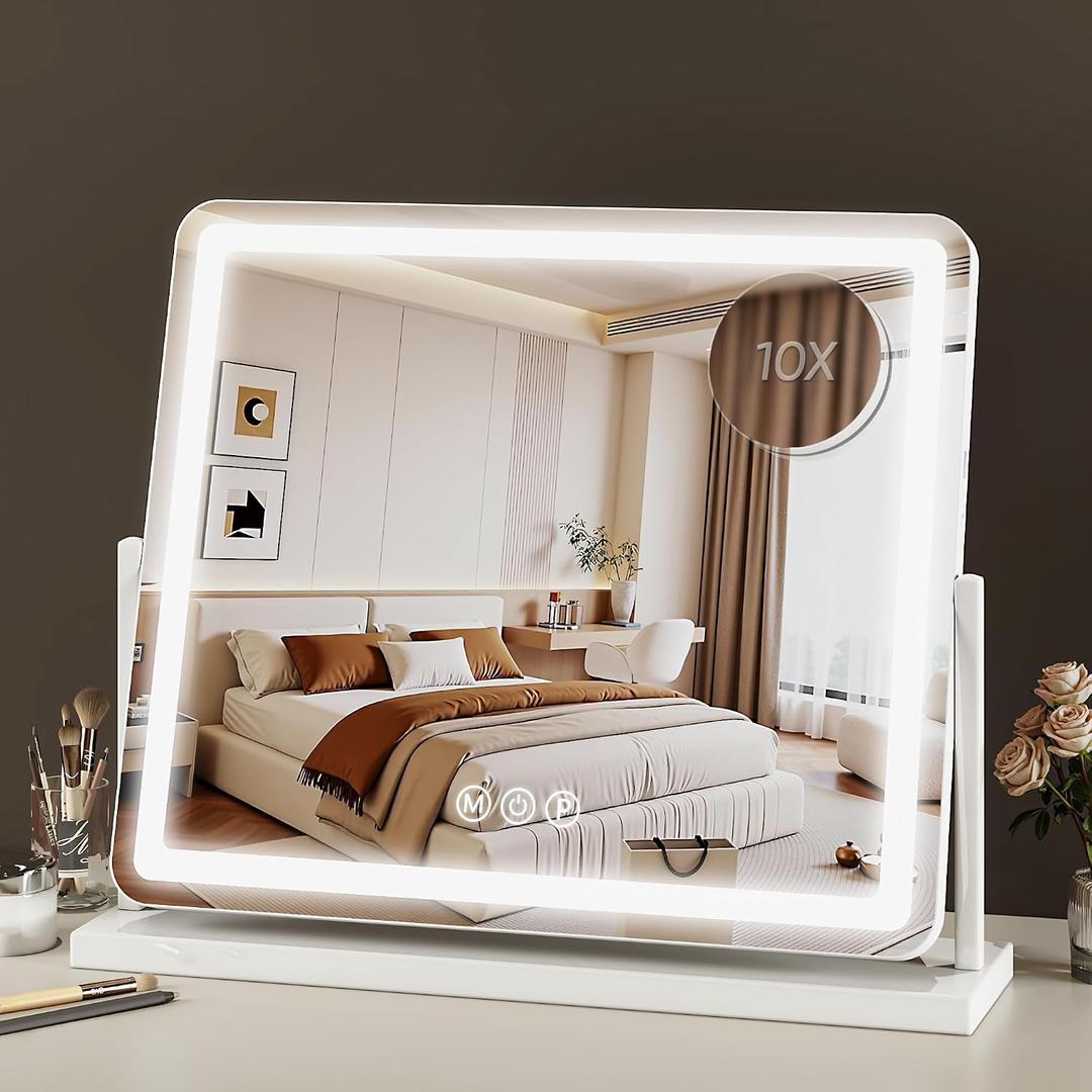 Vanity Mirror with Lights, 24"x20" Hollywood Lighted Makeup Mirror for Tabletop & Bedroom 3 Color Lighting Modes Smart Touch Control 360 Rotation Detachable