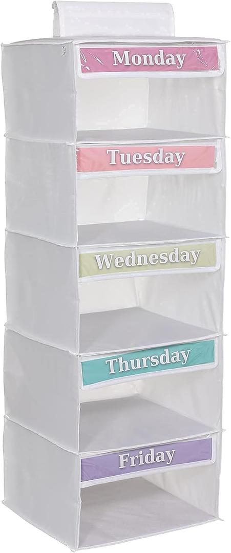 Weekly Clothes Organizer for Kids  5 Shelf Hanging Closet Storage for School Outfits | Monday to Friday Daily Clothing Divider with Color Labels, 33" Durable Polyester