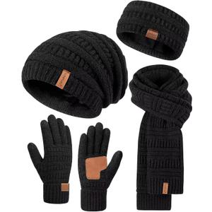 Womens Winter Beanie Hat Scarf Gloves Headband Set, Slouchy Beanie Ear Warmer Knit Scarf Touchscreen Gloves Warm 4 Gift Set, One Size (Black)