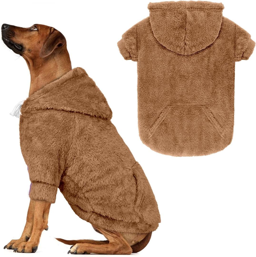 3XL Dog Sweaters for Large Dogs,Dog Hoodie,Warm Fuzzy Fleece Sweatshirt with Hood & Pocket,Leash Hole,Cozy Cold Weather Pet Clothes Sweater Hoodie for Large Dogs(Coffee,3XL) (3XL: 55-75lbs)