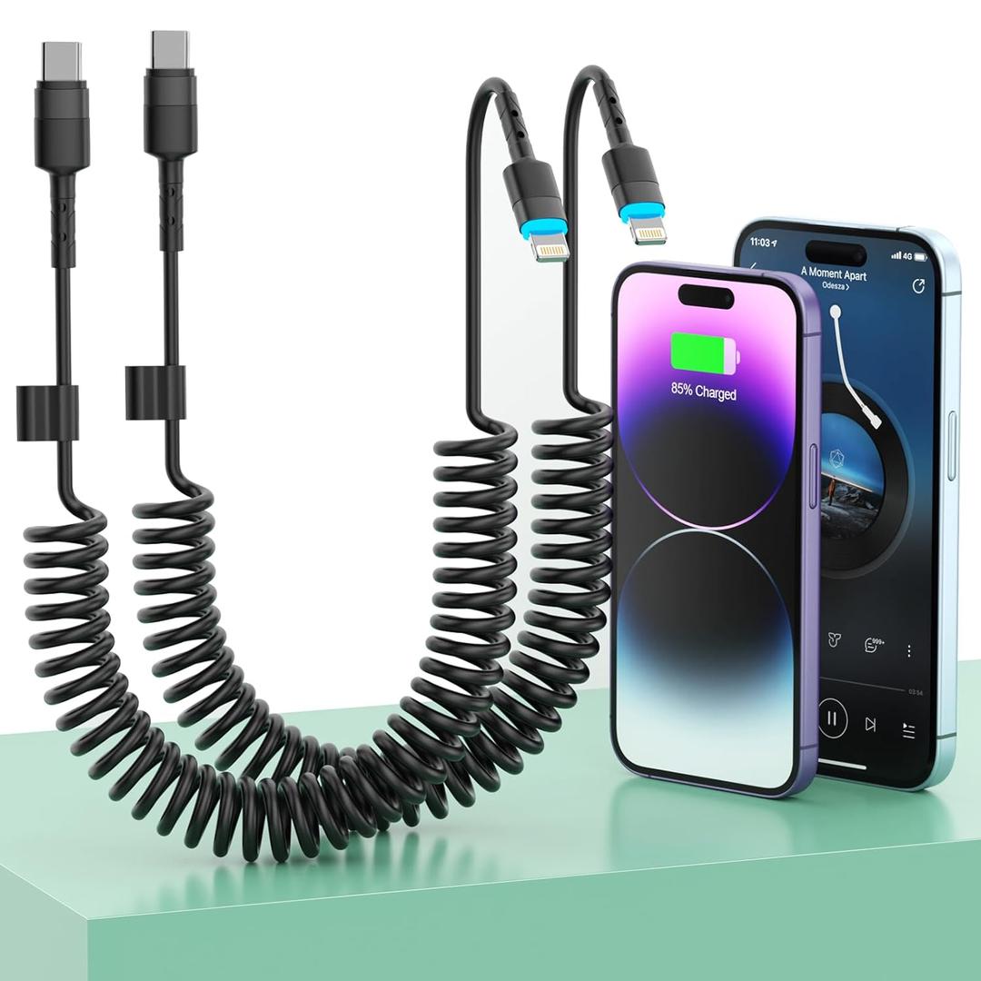 2Pack CarPlay USB-C to Lightning iPhone USB Coiled Charger Cable for Car,4Ft Apple Short Charging Cord Sync Data Retractable Charger Connector for iPhone14/13/12/11 SE/Xr/iPad[MFi Certified]-Black