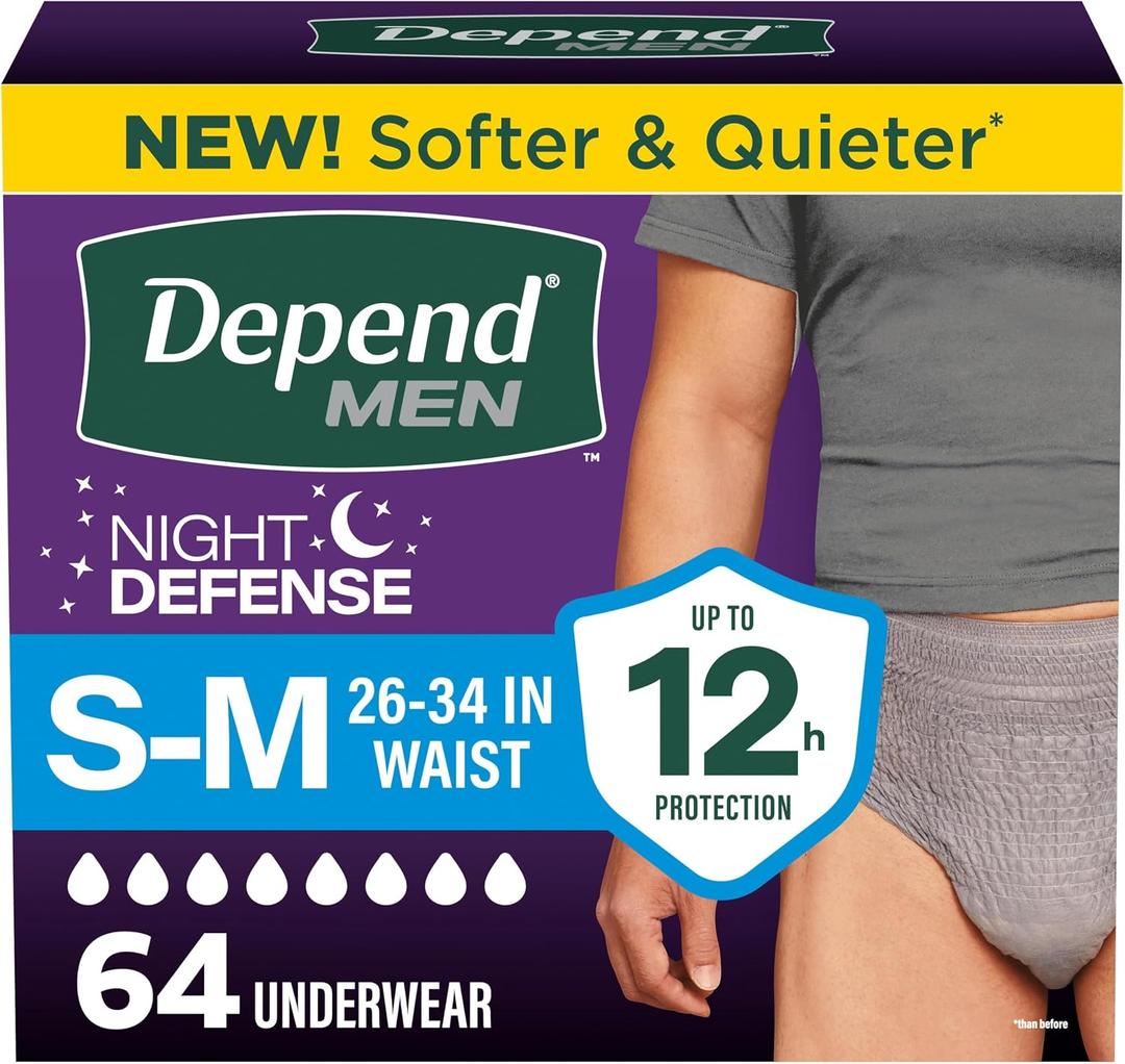 Depend Night Defense Adult Diapers, Incontinence Underwear for Men, Disposable, Overnight, Small/Medium, Grey, 64 Count (4 Packs of 16)